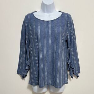 W5 Womens Blouse Medium Blue Striped Ruffle 3/4 Sleeve